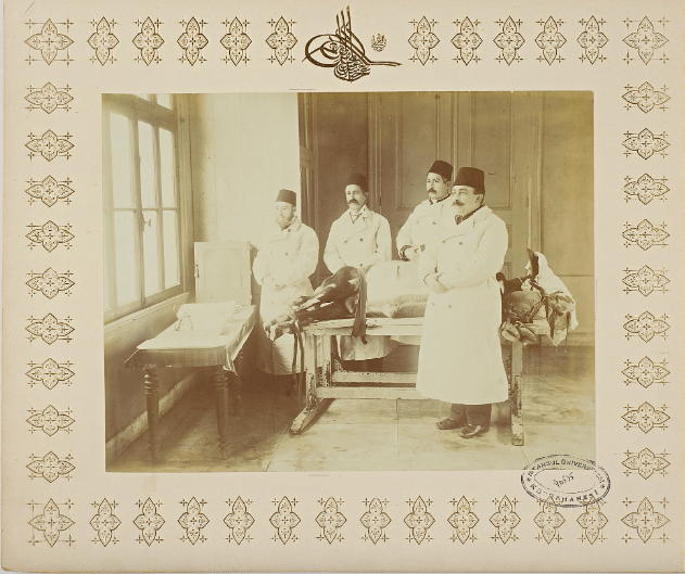 A sepia-tone image showing four people with mustaches, white lab coats, and fezzes standing on a tiled floor around a table. They face a large window to their right. A cow lies on the table with its feet bound and a white towel over its face. The image is set with a decorative frame and has a black university stamp on the lower right-hand corner.