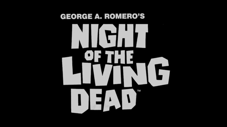 title card for the film with in black and white reading "George A. Romero's Night of the Living Dead"
