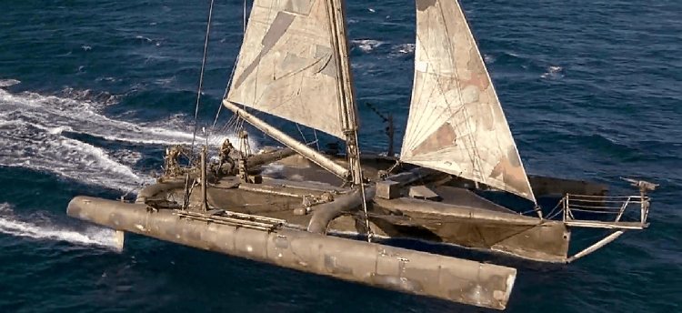 photo of the trimaran boat used in Waterworld which resembles something out of Mad Max