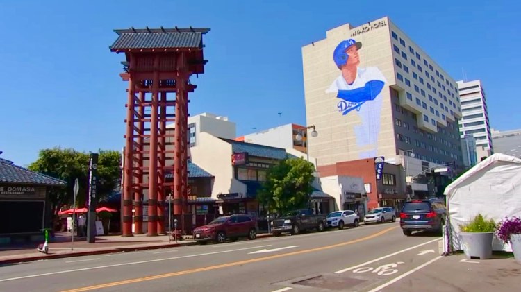 Fire tower located in Little Tokyo Los Angeles with Otani mural opposite it.